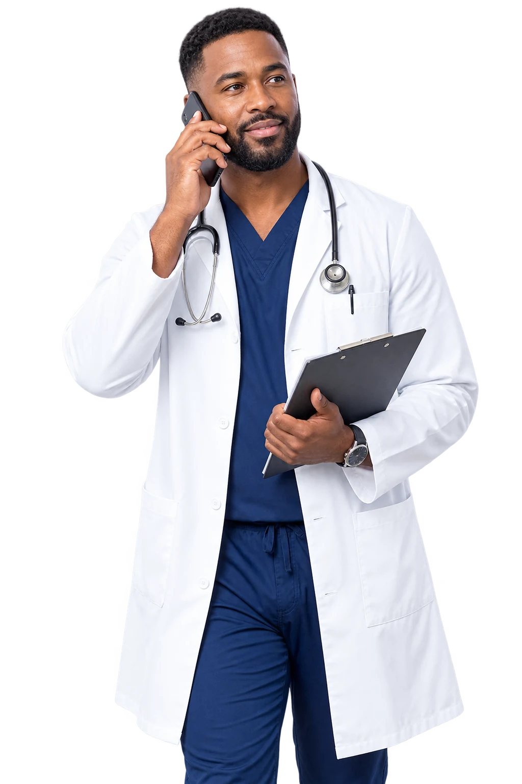 Doctor reviewing a medical chart while speaking on the phone